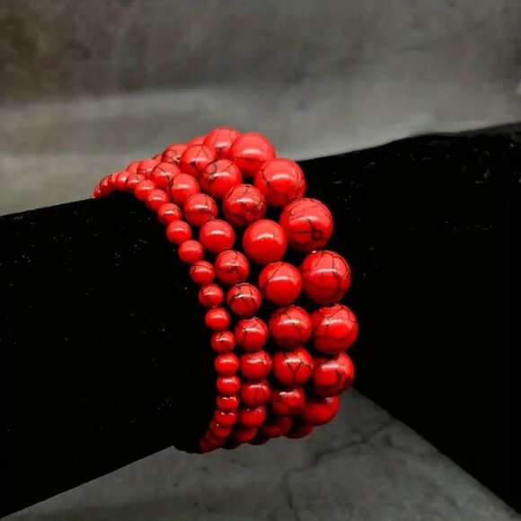 10mm Red Synthetic Turquoise Beaded Bracelet - Picture 2 of 3